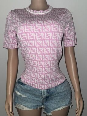 Fendi Pink & White FF Jacquard Short Sleeve Knit Top